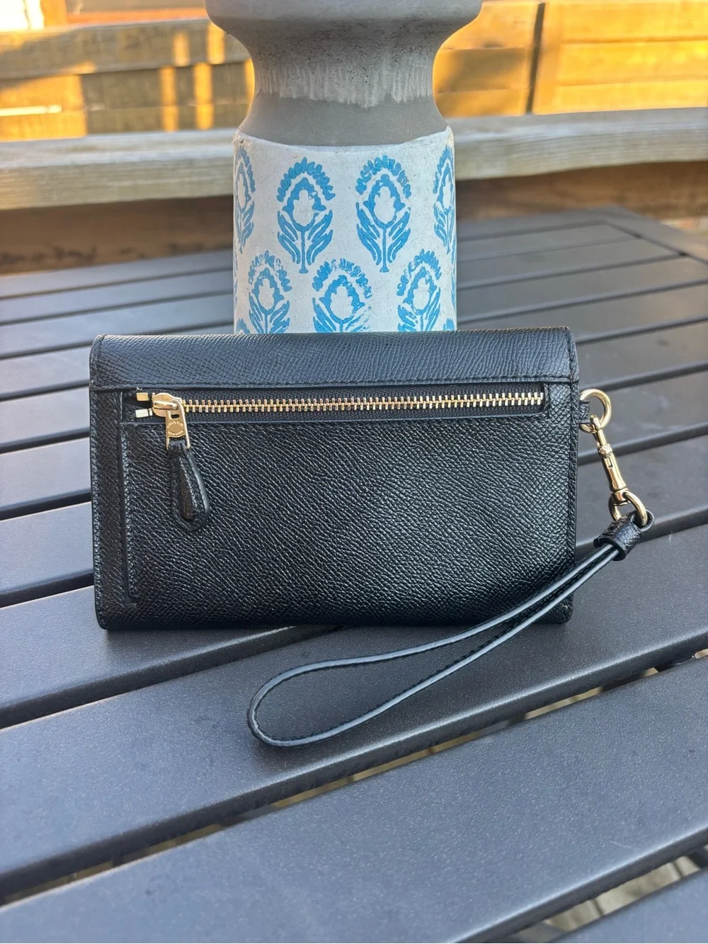Coach crossgrain black leather flap phone wallet wristlet